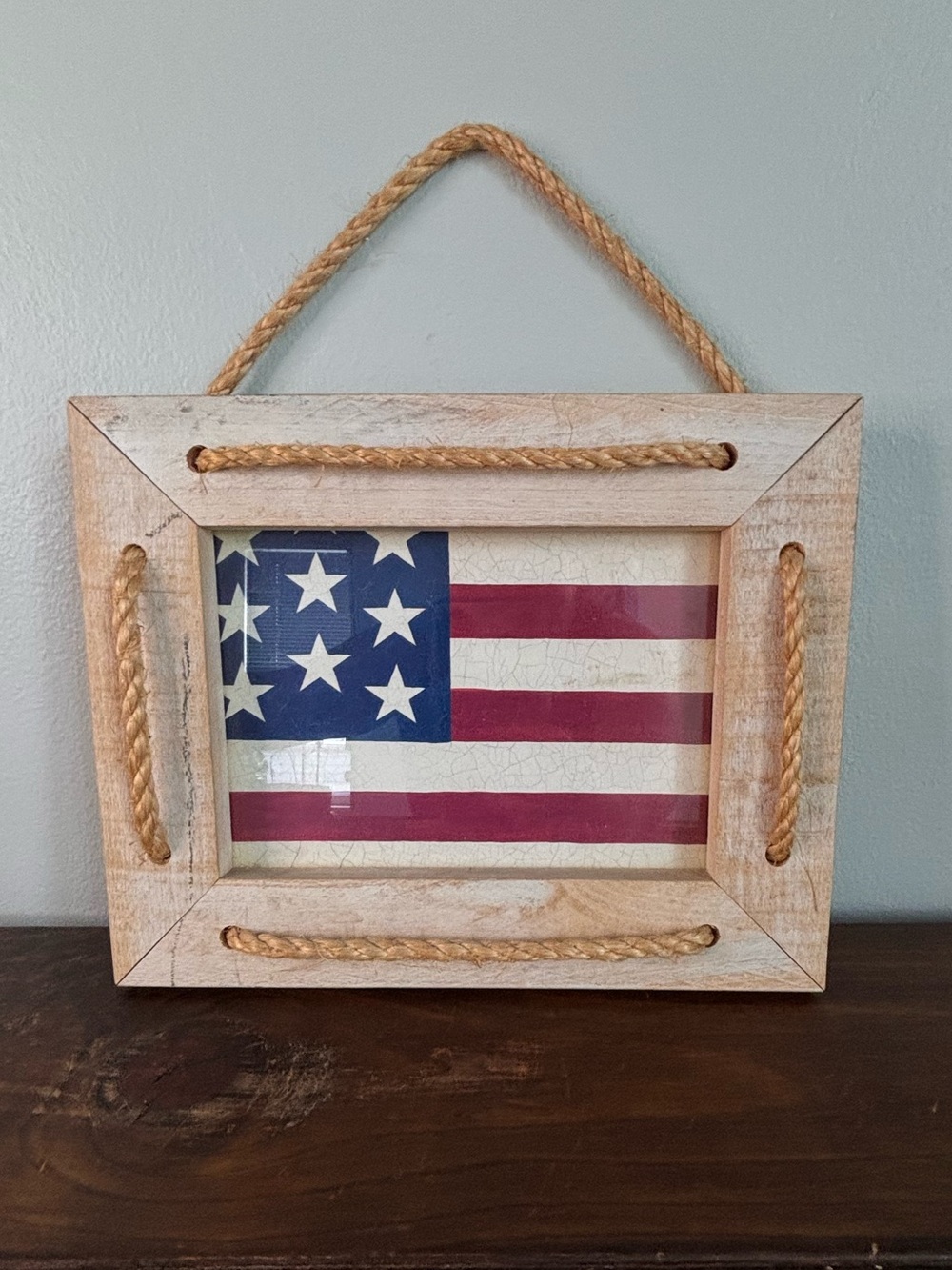 Rustic Rope Wooden Frame with American Flag Wall Accent - America250